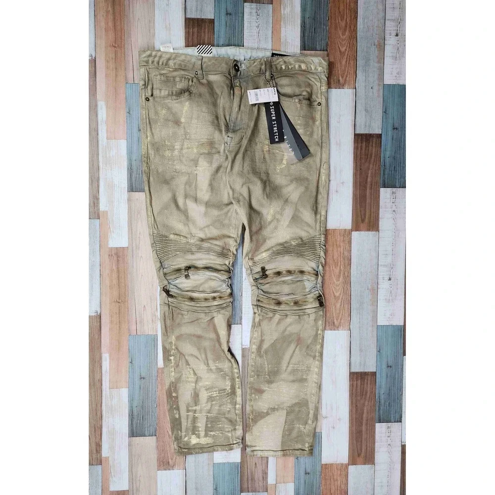 NWT Smoke Rise Gold Metallic‎ 5 Pocket Distressed Slim Fit Jeans Size 38x32